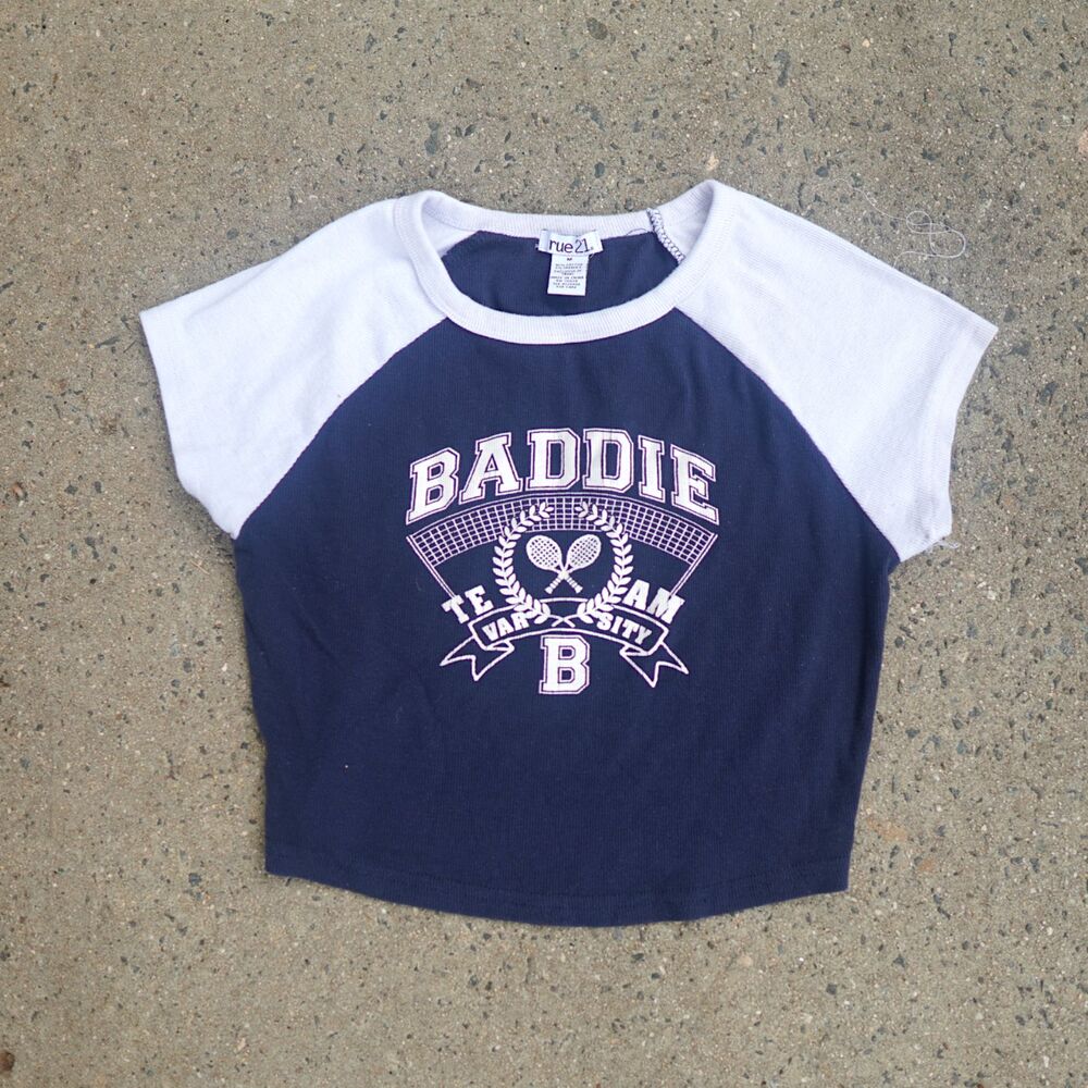 Rue21 Baddie Varsity Crop Top Size M Raglan Tennis Graphic Tee Y2K McBling Crop